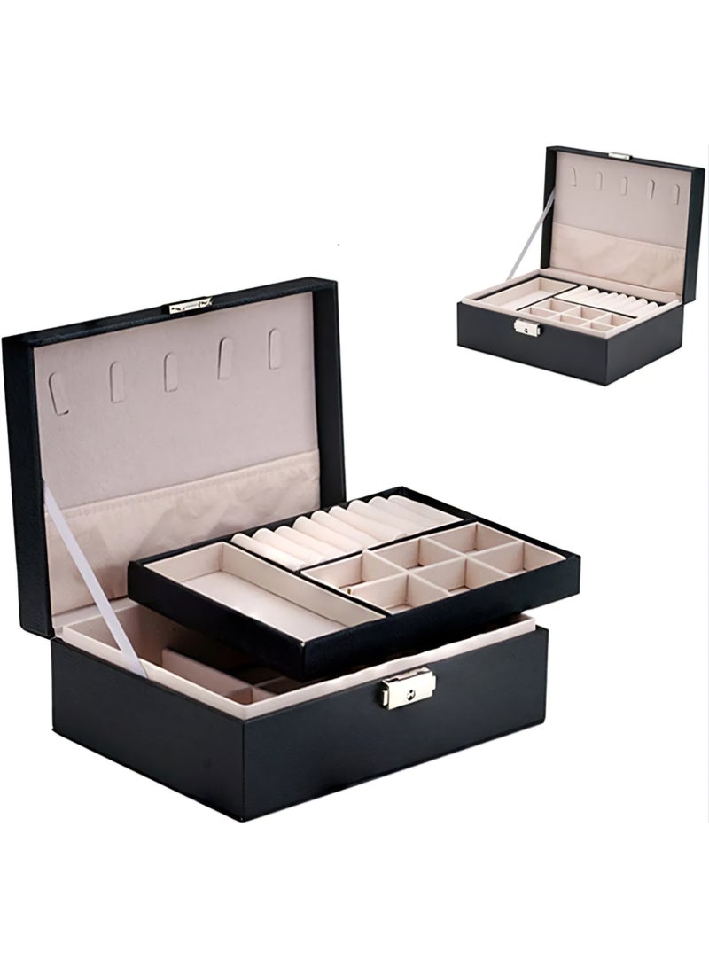 علبة مجوهرات كبيرة السعة قطعة واحدة مع قفل لتخزين القلائد والخواتم والأقراط والإكسسوارات الأخرى – أسود - Image 1